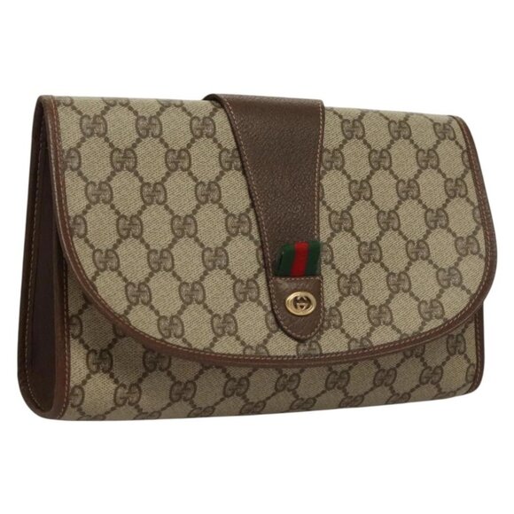 GUCCI GG Supreme Web Sherry Line Clutch Bag PVC Beige - Picture 1 of 16